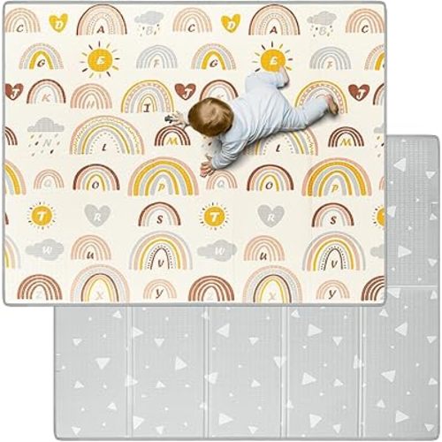 Blissful Diary Baby Play Mat, Large 78 x 70 Baby Mat for Floor, Soft Foam Play Mat, Foldable Playmat for Babies Toddlers Infants, Reversible Baby Crawling Mat for Indoor & Outdoor (Rainbow Pattern)