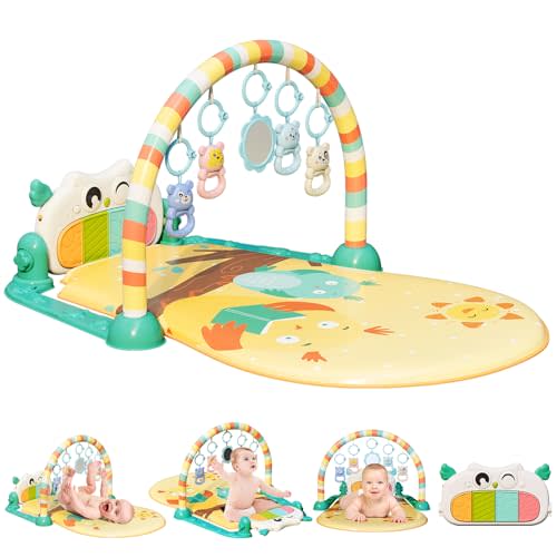dearlomum Baby Play Mat Baby Gym, Piano Tummy Time Baby Activity Gym Mat with 5 Infant Learning Sensory Baby Toys, Music and Lights Boy & Girl Gifts for Newborn Baby 0 to 3 6 9 12 Months(Yellow)