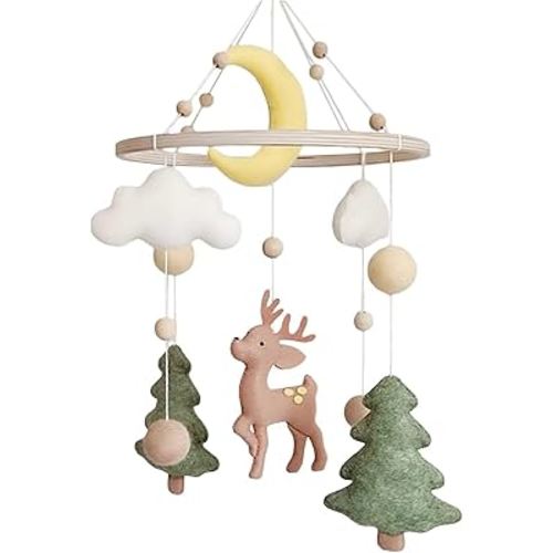 Baby Mobile for Crib - A Handmade Gender Neutral Deer Forest Crib Mobile with Felt Clouds and Trees for Jungle Theme Nursery