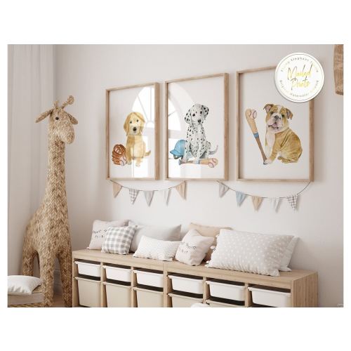Puppy Playing Baseball Prints, Set of 3 Baseball Theme Nursery Wall Art, Baby Boy Nursery Decor, Baseball Nursery Wall Art