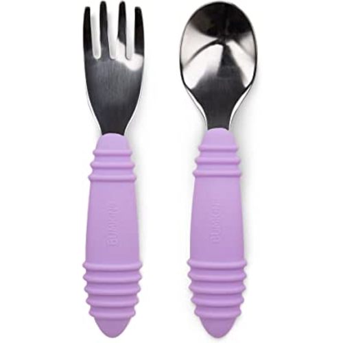 Bumkins Toddler Utensils, Kids Size Fork and Spoon Set, Silicone and Stainless-Steel Training Silverware, Angled Forks / Sporks for Self-Feeding, Children Hold Learning to Eat, 18 Months Up, Lavender