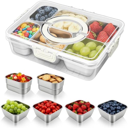 6 in 1 Stainless Steel Snackle Box with Lids and Handle, Dishwasher Safe 6 Compartment Divided Reusable Snacklebox Storage Organizer for Snacks Fruit Candy Veggie Nuts