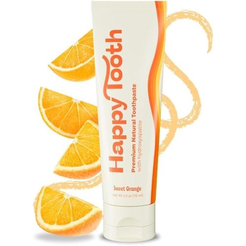Happy Tooth Hydroxyapatite Toothpaste, Fluoride Free, Natural Whitening for Kids, Toddlers and Adults, SLS Free, Enamel Safe, Dentist Formulated with Clean Ingredients, Sweet Orange Flavor, 4oz
