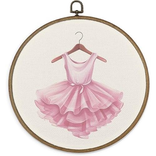 MAQIKA Pink Ballerina Dress Framed Wall Art Decor, Coquette Ballet Round Wall Hanging Decor, Ballerina Room Decor for Girls, Pink Dance Ballet Canvas Prints Wall Art for Nursery Room, 10x10 Inch
