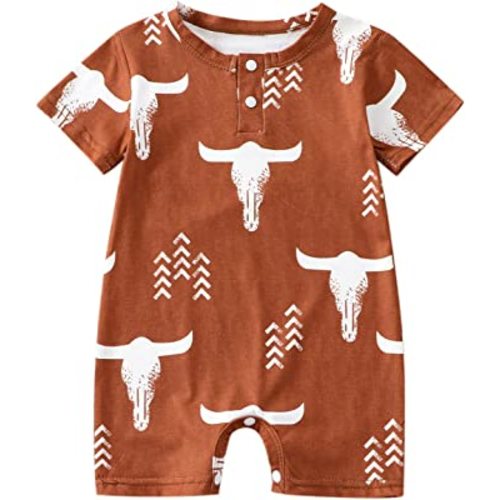 Baby Boy Girl Western Clothes Romper Short Sleeve Bodysuit Cow Print Onesie Playsuit Ribbed Jumpsuit Summer Outfit