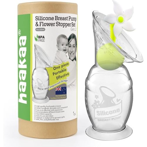 Haakaa Manual Breast Pump Silicone Breast Pump Milk Saver Milk Pump with Suction Base and Flower Stopper 100% Food Grade Silicone BPA Free (5oz/150ml) (White)