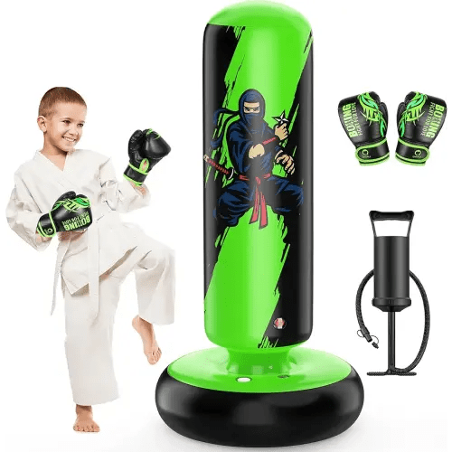 QPAU Punching Bag for Kids, 66 Inch Stable Inflatable Boxing Bag with Boxing Gloves, Stand Kids Punching Bag Toy for Boys & Girls Age 6-12, Boxing Set for Practicing Karate, Taekwondo, MMA