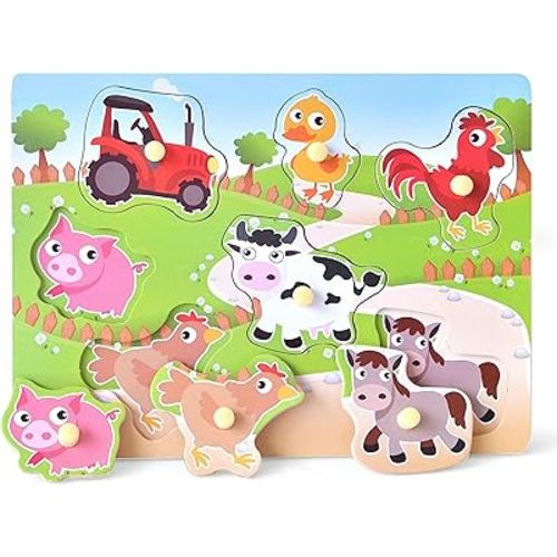 Wooden Puzzles Farm Chunky Baby Puzzles Peg Board, Full-Color Pictures for Preschool Educational Jigsaw Puzzles, 7Pieces