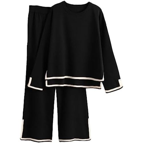 Tanming Women's 2 Piece Outfits Long Sleeve Knit Sweater Top Wide Leg Pants Lounge Sets Tracksuits