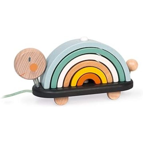Janod - Sweet Cocoon Wooden Rainbow Turtle Stacking and Pull Toy 7 Piece Building and Nesting Stack with 6 Pastel Arches, Wobbling Head and Tail and String - Ages 18 Months+ - J0440