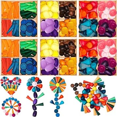 Loose Parts Play Materials Set Wooden Mandala Toys Kit Wood Sensory Play Toys 27 Rainbow Color 7 Shapes Loose Parts for Teens Students Early Learning Materials (162)