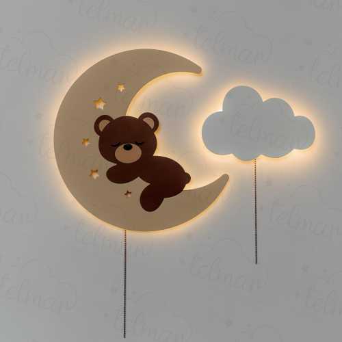 Kids Night Light Set - One Cloud Lights One Bear on Moon - Cute Nursery Decor - LED Baby Night Lamp - Cloud & Moon Nightlights for Children