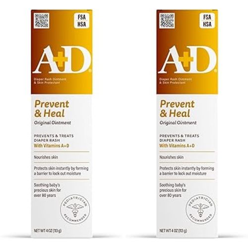 A+D Original Diaper Rash Ointment Prevents & Treats Diaper Rash, Moisturizing Skin Protectant with Vitamins A & D, Healing Ointment for Dry and Cracked Skin 4oz (Pack of 2)