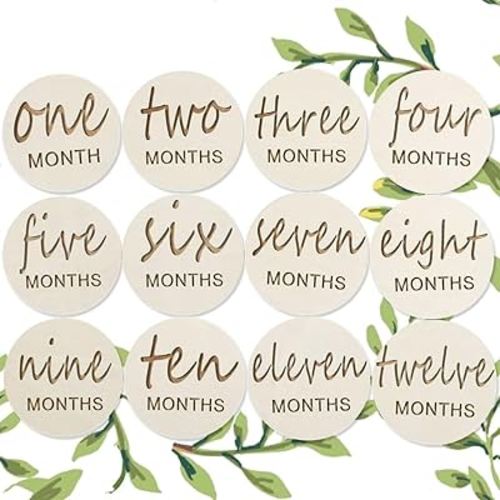 12 Packs Wooden Baby Monthly Milestone Cards, Baby Monthly Milestones for Newborn Baby Gifts,1-12 Months Wooden Discs with Baby Announcement Sign, Pregnancy Baby Shower Gifts for Fathers Day