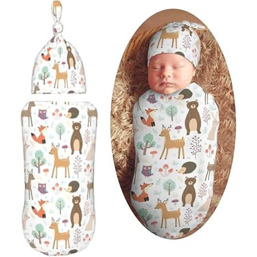 Cute Animals Fox Bear Deer Newborn Swaddle Blankets Hat Sets Soft Baby Receiving Blanket Swaddle Sack for Baby Shower Infant Boy Girl Gift