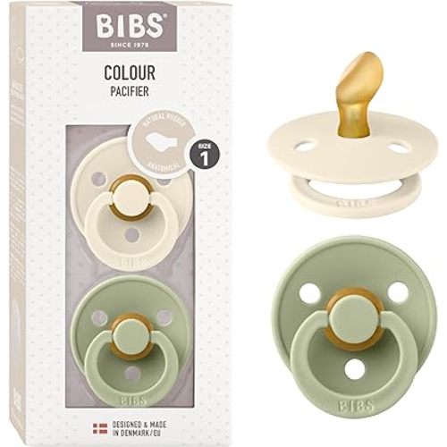 BIBS Pacifiers - Set of 2 | Colour Pacifier with Anatomical Nipple | BPA-Free Natural Rubber | Made in Denmark | Ivory/Sage | Size 0-6 Months