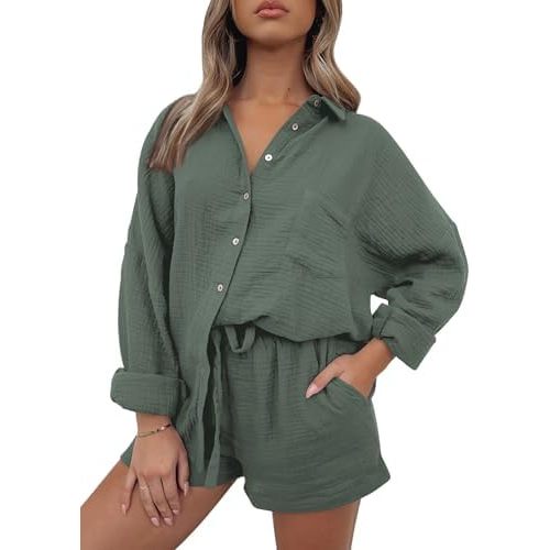 AUTOMET 2 Piece Sets For Women Lounge Wear Matching Two Piece Pajama Fashion Oversized Shirts And Shorts Spring Outfit 2025