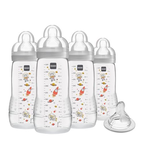 MAM Easy Active Baby Bottles 11 oz with Bonus Nipple, Fast Flow Skinsoft Silicone Nipple with Wide Neck Ergonomic Design, Easy to Hold, BPA-Free Bottles with Leak-Proof Caps for 4+ Months Baby, Unisex