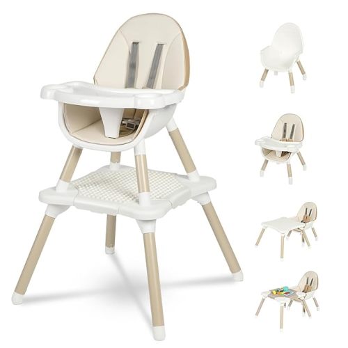 Gofirst 6 in 1 Baby High Chair,Convertible High Chairs for Babies and Toddlers/Booster Seat/Table and Chair Set,Babies Feeding Chair/5-Point Harness,4-Position Removable Tray&PU Cushion Baby Highchair
