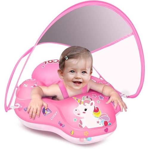 LAYCOL Baby Swimming Float Inflatable Baby Pool Float Ring Newest with Sun Protection Canopy,add Tail no flip Over for Age of 3-36 Months