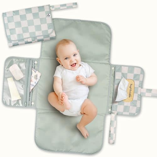 Tiny Twinkle Portable Diaper Changing Pad | Waterproof, Wipeable & Compact Baby Changing Pad for Travel | Smart Wipes Pocket & Organized Storage| Newborn Shower Gift (Sage Checkers)
