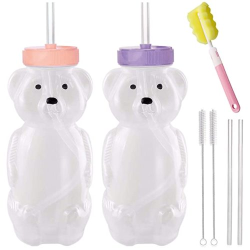 Honey Bear Straw Cups, Juice Bear Bottle Drinking Cup Long Straws with 4 Flexible Straws & Cleaning Tools, 8-Ounce Therapy Sippy Bottles for Speech and Feeding Training, Food-Grade & BPA Free 2 Pack - PINK+PURPLE