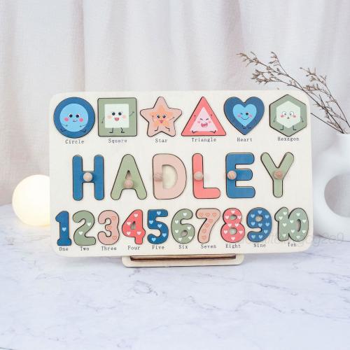Wooden Busy Board with Geometric - Baby Name Puzzle - First Christmas Gift - Personalised baby gifts