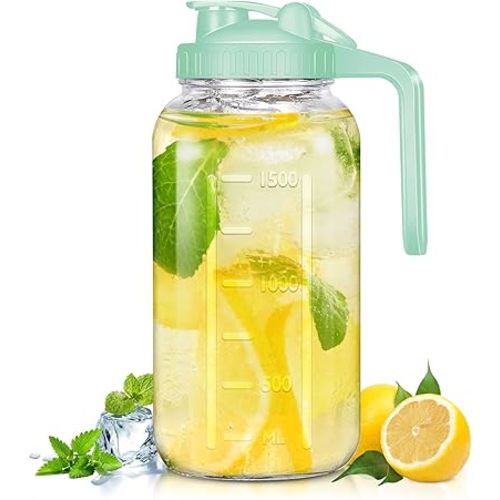 Glass Pitchers with Handle and Lid, 2 Quart/64oz Breast Milk Pitcher, Wide Mouth Mason Jar Pitcher, Leak Proof Drink Pitcher Water Pitcher, for Water, Juice, Milk, Tea, Iced Coffee, 1 Pack