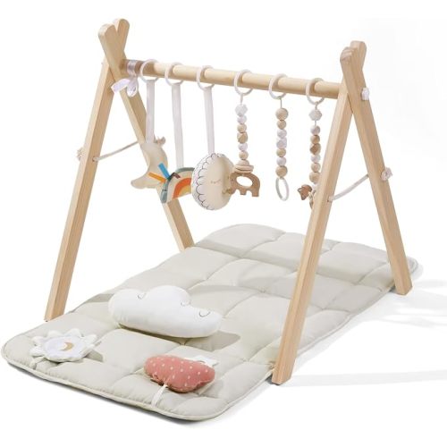 Foldable Baby Play Gym with Mat, Wooden Play Gym with 9 Sensory Toys, Frame Activity Center, Natural Pine Wood, Montessori Toys, Easy to Assemble & Clean, Newborn Gift, Natural Color - Wooden Baby Gym With Mat