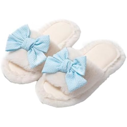 Cute Bow House Women's Slippers - Open Toe Warm Plush Fluffly Non-Slip Sole Indoor