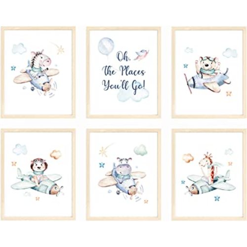 bumbleboo Nistio® Oh The Places You Will Go Nursery Print, Airplane Nursery Prints, Safari Animals Nursery Wall Art, Seuss Nursery Print, Airplane Nursery Wall Art, Unframed, Set of 6 Prints, 8x10