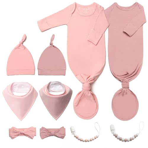2PK Ultra Soft Knotted Newborn Sleep Gown for Baby Girls Boy- Coming Home Hospital Outfit with Hat, Bow, Clip & Drool Bib Set