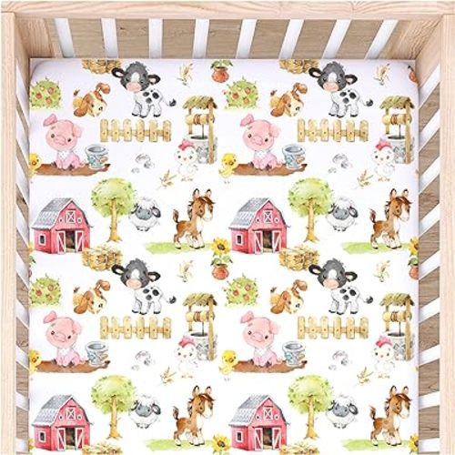 Buttery Soft Rayon Baby Crib Sheets Girl and Boy - Infant Shower Gift - Standard Crib Sheets - Fitted & Breathable Crib Mattress Sheet - Toddler Sheet (Farm Animals)