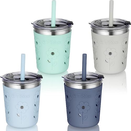 Tiblue Kids & Toddler Cups, 4 Pack 8oz Spill Proof Stainless Steel Tumblers with Leak Proof Lids, Silicone Straw with Stopper & Sleeve, BPA FREE Snack Smoothie Drinking Cup for Baby Girls Boys