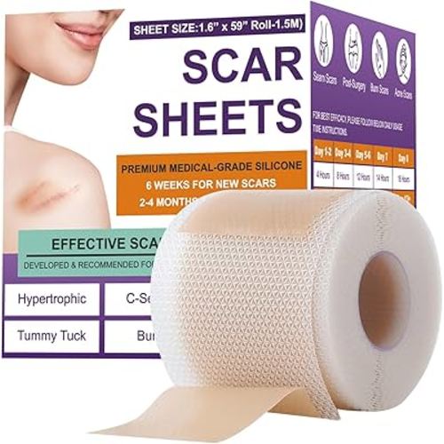 Silicone Scar Sheets,Silicone Scar Tape,Silicone Scar Removal Strips for Surgical,C-Section,Tummy Tuck,Keloid Scars (1.6"X 59" Roll-1.5M) Keloid Bump Removal