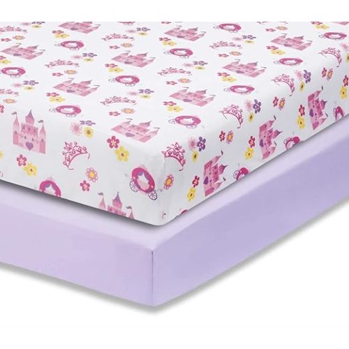 Everyday Kids 2 Pack Fitted Girls Crib Sheet, 100% Soft Breathable Microfiber Baby Sheet, Fits Standard Size Crib Mattress 28in x 52in, Nursery Sheet - Princess/Lavender