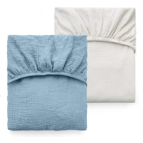 Momcozy Muslin Standard Fitted Crib Sheets, 52"x28", 2 Pack Soft Breathable Natural Cotton Baby Mattress Sheet, 360° Mattress Wrapping No Slip Boys Girls Neutral Toddler Bed Sheet, Grey Blue