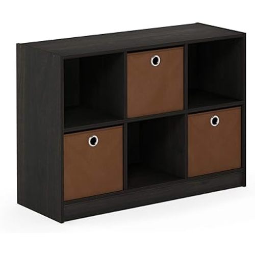 Furinno Basic 3x2 Cube Storage Bookcase Organizer with Bins, Espresso/Brown