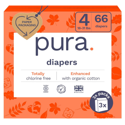 Pura Size 4 Diapers, 66 Count, Unisex, Organic Cotton, Leak-Free, Plant-Based, Dermatologically Tested, Allergy-Certified, Carbon Neutral, B-Corp