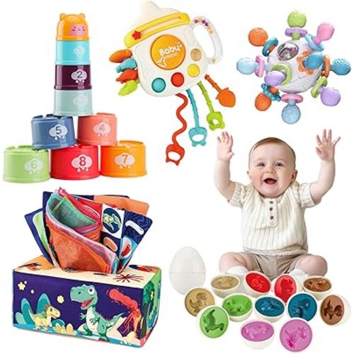 5 Pcs Baby Montessori Toys for 6 12 18 Months, Gift for 1 Year Old Boy Girl, Baby Tissue Box, Dino Matching Egg, Pull String Toy, Teething Toy, Stacking Cup