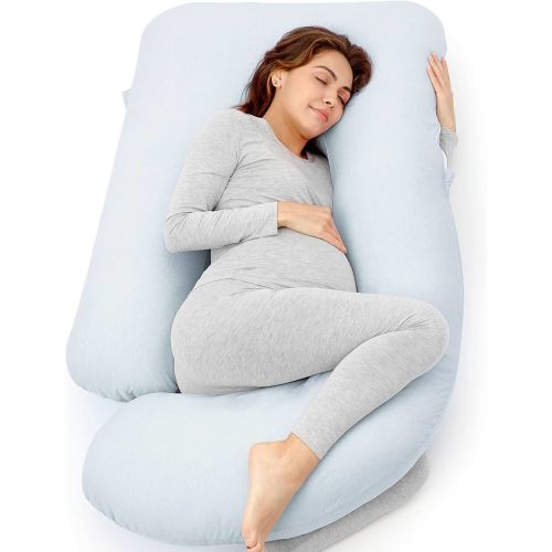 Momcozy Pregnancy Pillows for Sleeping, U Shaped Full Body Pillow 57 Inch for Pregnant Women with Back, Hip, Leg, Belly Support, Washable Jersey Cotton Cover Included, Light Blue