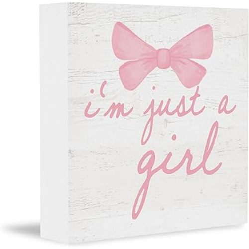 Trendy Pink Bow Coquette Room Decor Wooden Box Sign, Coquette Party Decor, Girls Room Decors, i’m Just a Girl Girly Bowknot Signs for Home Dorm Wall Desk Shelf Tabletop Decoration 5X5In