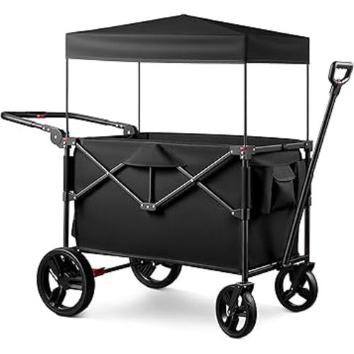 Wagon Stroller for 2 Kids with Canopy, Collapsible Baby Wagon with 5-Point Harness, Adjustable Push Handle & Pull Bar for Infants and Toddlers