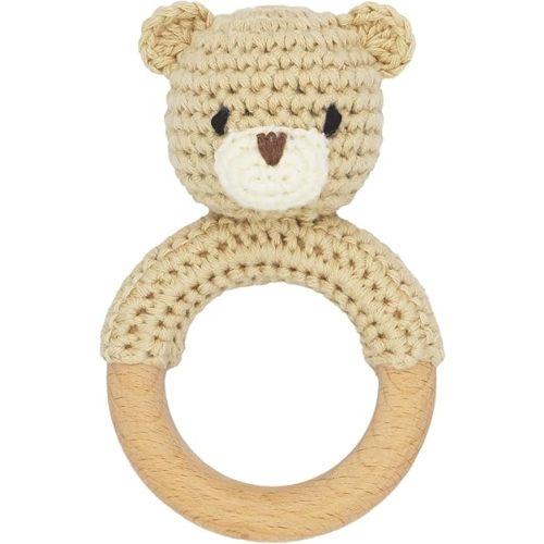Safari Animals Wooden Baby Rattle Toys Stuffed Crochet Rattle with Teether Ring for Newborn, Beige Bear