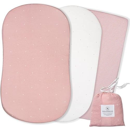 POPPI & MAX 100% Organic Cotton Bassinet Sheet-3 Set | Bassinet Sheets for Baby Girl | Ultra Soft Jersey Knit, Fitted Baby Sheets for Universal Shaped Standard Bassinets | Pink Rose Heart Dot Stripe