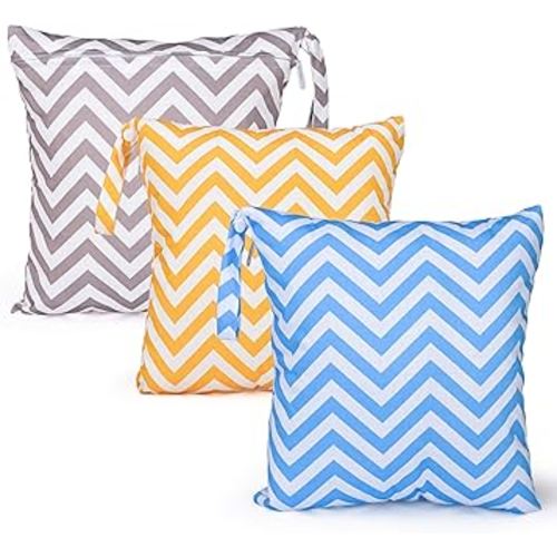 3 PCs Cloth Diaper Wet Dry Bags Waterproof Reusable Stroller Travel Beach Pool Daycare Soiled Baby Items Yoga Gym Bag for Swimsuits or Wet Clothes-Chevron-11 x 11"