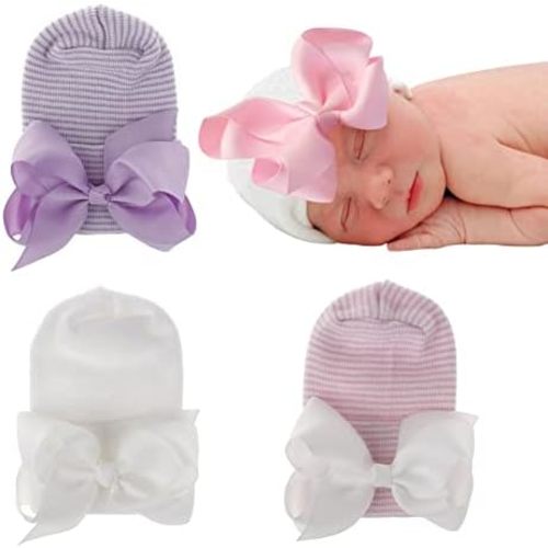 Newborn Baby Hat Infant Caps Baby Boy Girl Toddler Hospital Hats Bow Double Layer Knit Beanie Cap for 0-3 Months