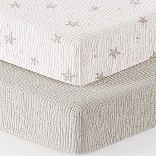 Bearmoss Muslin Mini Crib Sheets for Pack N Play Mattress - 100% Cotton - 38"x24" Soft Breathable Playard Baby Crib Sheets Neutral for Boys Girls - 2 Pack (White Star)