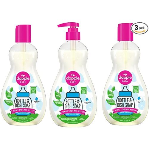 Dapple Baby, Bottle and Dish Soap Dish Liquid Plant Based Hypoallergenic 1 Pump Included, Packaging May Vary, Fragrance Free, 16.9 Fl Oz (Pack of 3)