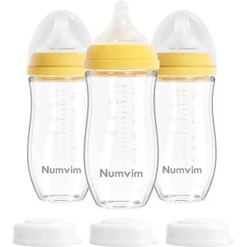 Glass Nurturing Baby Bottles for Breastfeeding Babies, Baby Essentials, Gentle Medium Flow, Wide Neck Bottle with Anti Colic Nipple for 3 Months Babies, 3 Packs (Yellow, 8oz)